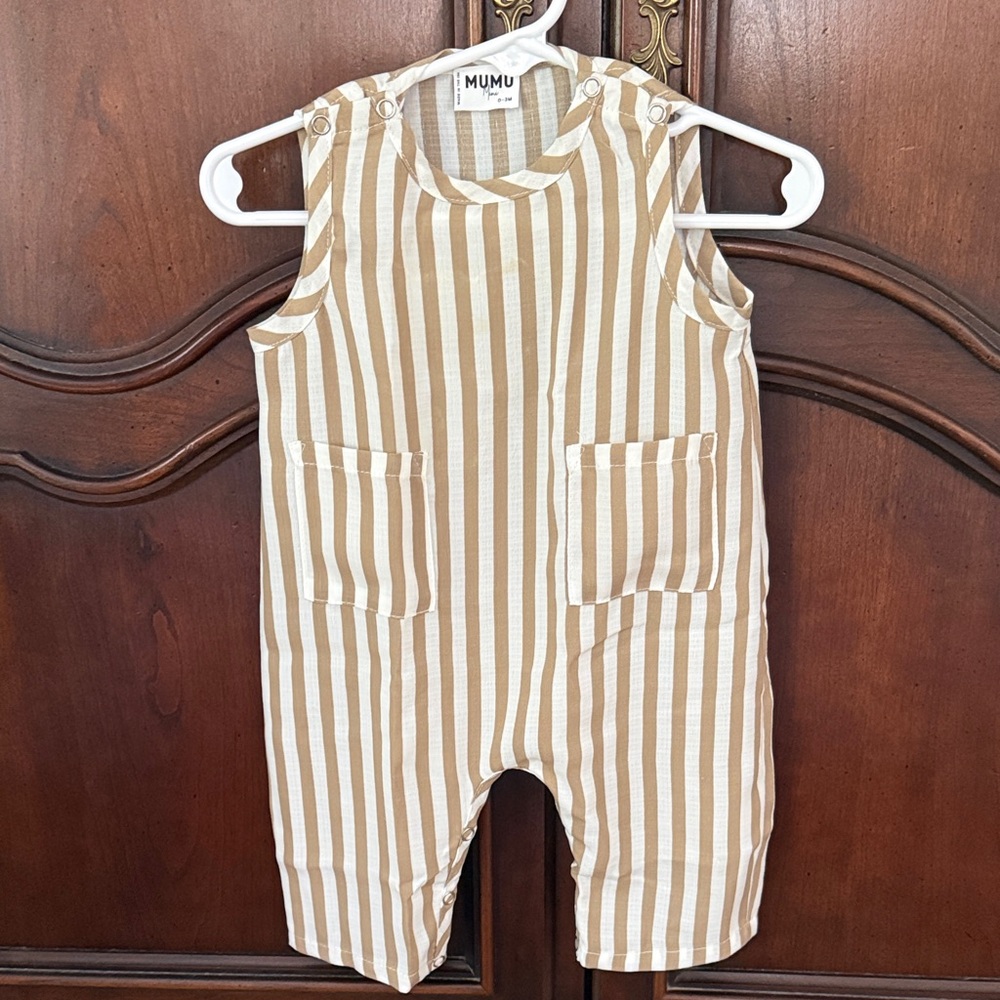 Neutral Baby Romper 0-3M Tan Striped Linen Look Minimalist Outfit Summer